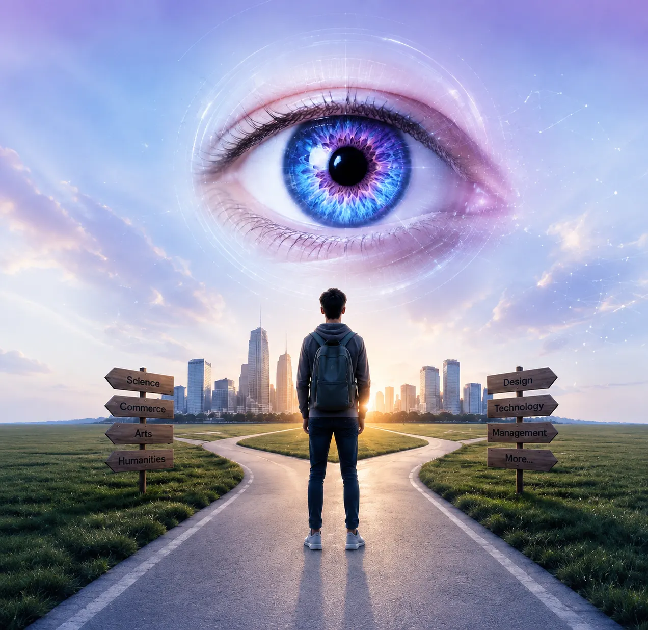 Career guidance and self-discovery illustration showing a student choosing a career path